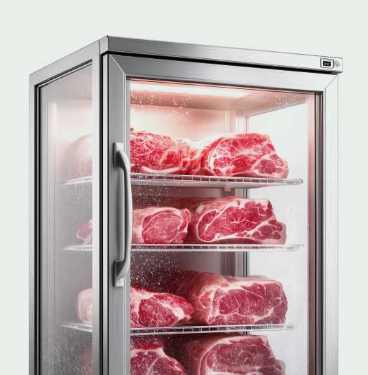 Chilled display with arranged meat products