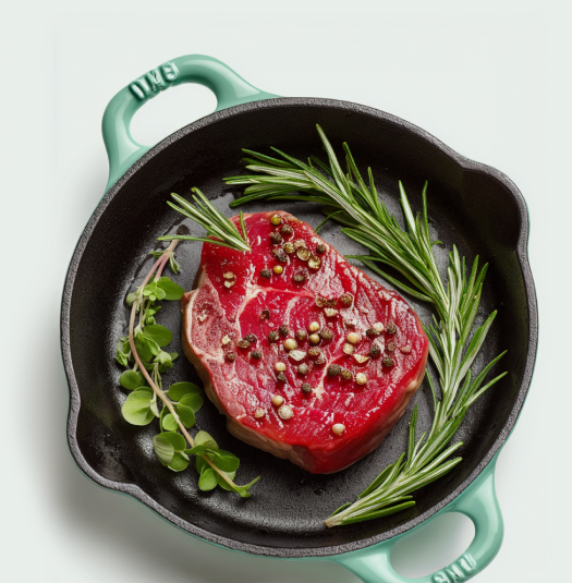 Skillet with meat on a stovetop