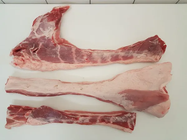 Pork belly flanks around 50/50, rindless