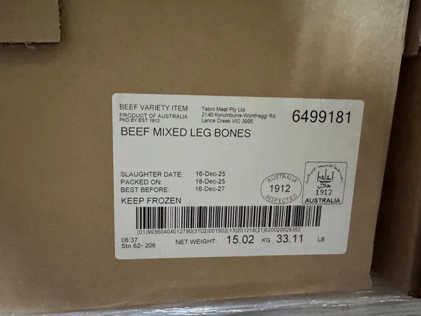 Frozen Australian Beef Mixed Leg Bones - 706 Cartons / 13.52MT