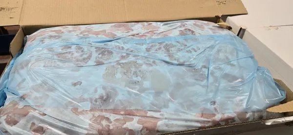 Frozen chicken boneless, rindless leg in, Production from 02.2026, shelf life 24 months from production date. 2